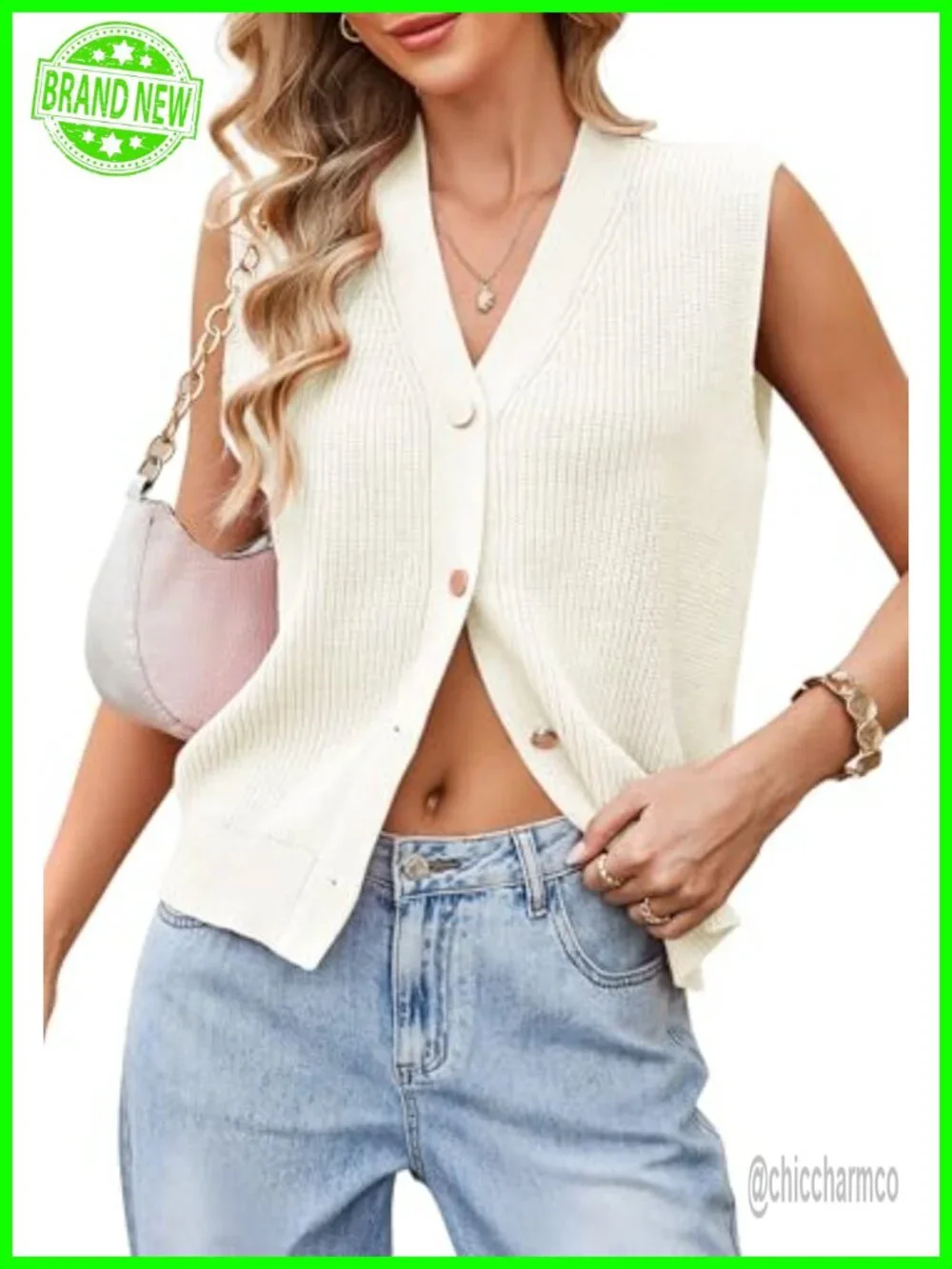 Sleeveless V-Neck Cardigan Sweater Vest Knit Front Button Down Lightweight